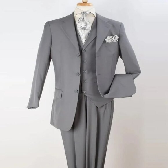 Light Grey Suit - Silver Gray Suit For Wedding - Mens Three Button Classic Fit L - Picture 1 of 2
